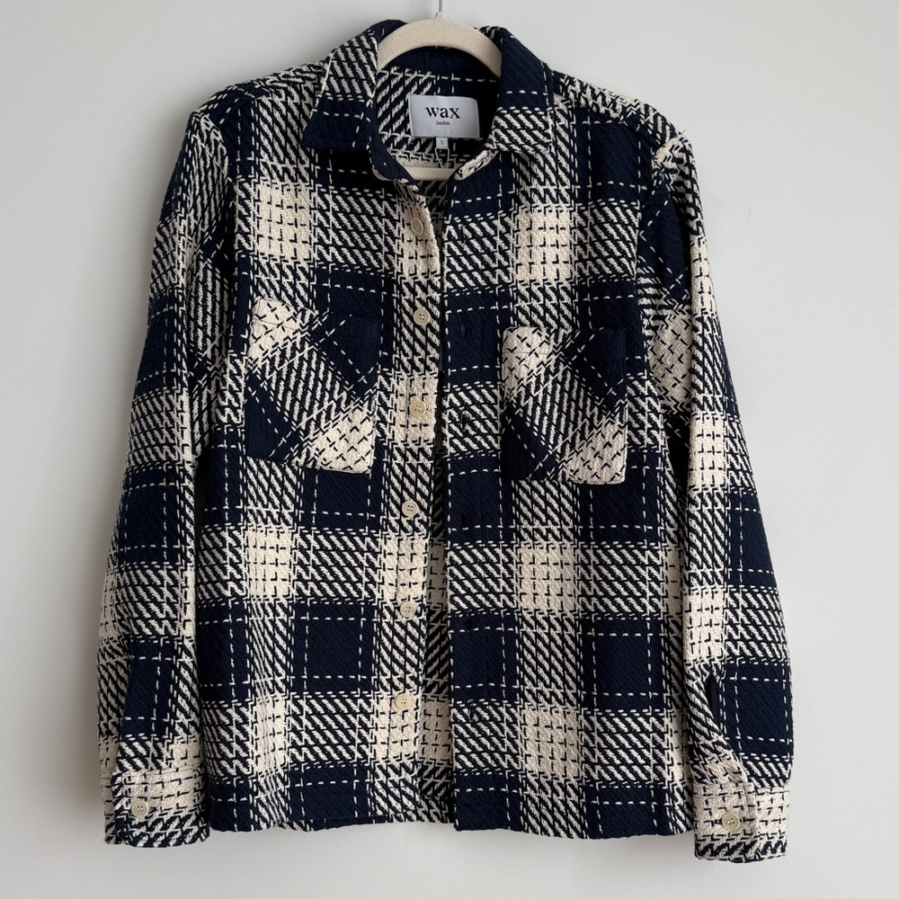 wax Navy & Cream Plaid Quilted Shirt Jacket -